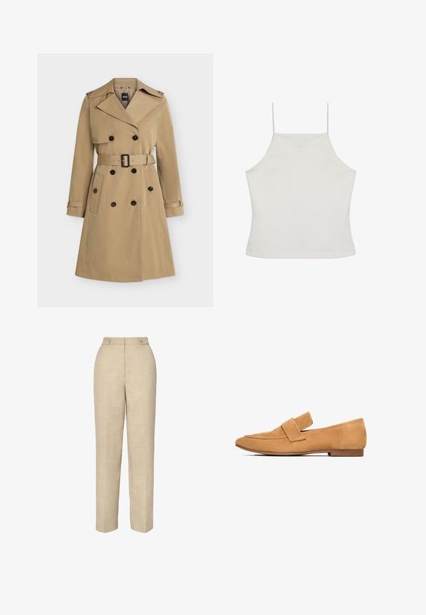 Beiger zweireihiger Trenchcoat mit breiten Revers, tailliertem Gürtel, geknöpften Taschen und Schulterklappen, frontseitig dargestellt.; Weißes ärmelloses Crop-Top mit dünnen Trägern und dezent gesticktem "cK"-Logo auf der Brust, einfacher Hintergrund.; Beige maßgeschneiderte Hose aus glattem, strukturiertem Stoff, hohe Taille und zwei vordere Knöpfe. Sie hat einen geraden Schnitt und minimale Nähte.; Tan-farbene Wildleder-Loafers mit flachem Absatz, runder Zehenpartie und einem gesteppten Riemen über dem Spann für einen eleganten Abschluss.