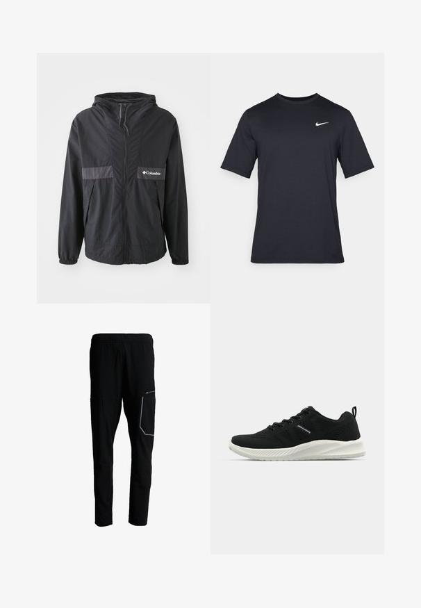 Schwarze Columbia-Jacke mit Reißverschluss, verstellbarer Kapuze und elastischen Bündchen. Mit einem grauen horizontalen Akzentpanel auf der Brust.; Schwarzes, kurzärmliges Nike-T-Shirt aus glattem Material, mit einem weißen Swoosh-Logo auf der oberen linken Seite und Rundhalsausschnitt.; Schwarze Sporthose mit elastischem Bund, einer rechten Oberschenkeltasche mit reflektierendem Besatz und leichten, zulaufenden Beinen.; Schwarze Sportschuhe mit einem strukturierten Mesh-Obermaterial, kontrastierender weißer Sohle und geschwungenem Design. Verfügt über ein Schnürsystem und Logo-Details.