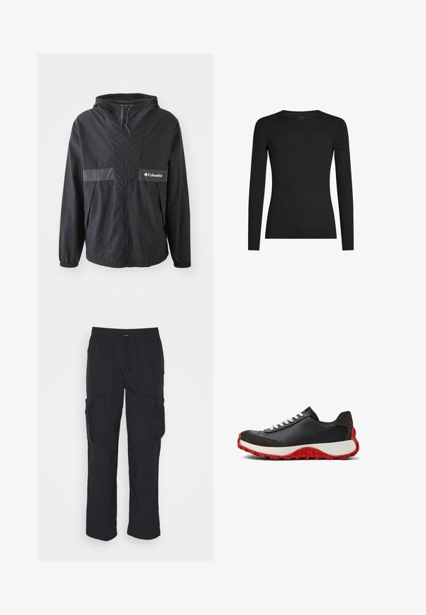Schwarze Columbia-Jacke mit Reißverschluss, verstellbarer Kapuze und elastischen Bündchen. Mit einem grauen horizontalen Akzentpanel auf der Brust.; Schwarzes, langärmeliges, figurbetontes T-Shirt mit Rundhalsausschnitt und dezentem Icebreaker-Logo auf dem linken Ärmel, dargestellt vor weißem Hintergrund.; Schwarze Cargo-Hosen aus gewebtem Stoff. Mit verstellbarem Bund, Seitentaschen und zwei Utility-Taschen mit Reißverschlüssen.; Schwarze Ledersneaker mit hellgrauen Schnürsenkeln, einem strukturierten Obermaterial und einer dicken roten Gummisohle mit einem Profilmuster für Rutschfestigkeit.