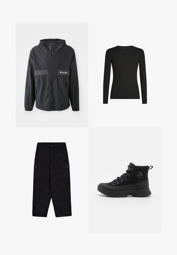 Schwarze Columbia-Jacke mit Reißverschluss, verstellbarer Kapuze und elastischen Bündchen. Mit einem grauen horizontalen Akzentpanel auf der Brust.; Schwarzes, langärmeliges, figurbetontes T-Shirt mit Rundhalsausschnitt und dezentem Icebreaker-Logo auf dem linken Ärmel, dargestellt vor weißem Hintergrund.; Schwarze Cargo-Hosen mit vorderem Knopf und Reißverschluss, seitlichen Klappentaschen mit Knöpfen und verstellbaren Kordeln am Saum.; Schwarze wasserdichte Wanderschuhe aus Wildleder und Gummi. Zu den Merkmalen gehören ein hoher Schaft, hervorstehende Schnürsenkel und eine strukturierte Sohle.