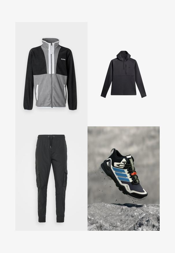 Fleecejacke mit hohem Kragen, grau und schwarzen Farbblöcken, Frontreißverschluss und weißen Akzenten an den Taschen und dem Reißverschluss.; Schwarzer Pullover mit Kapuze, ausgestattet mit einem Viertel-Reißverschluss auf der Vorderseite, Raglanärmeln und einer mit Reißverschluss versehenen Brusttasche; glatte Textur und sportliches Design.; Schwarze Cargo-Hosen aus leichtem Stoff, mit einem verstellbaren Kordelzugbund, elastischen Bündchen und zwei Seitentaschen.; Schwarzer und blauer Adidas Terrex Wanderschuh mit robuster Sohle, der über felsigem Gelände mit herumfliegendem Schmutz schwebt.