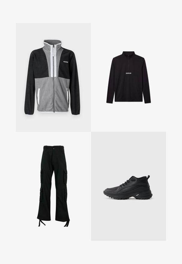 Fleecejakke med høj krave, grå og sorte farveblokke, frontlynlås og hvide detaljer på lommerne og lynlåsen.; Sort Calvin Klein pullover med lange ærmer, kvart lynlås og hvidt logo trykt på brystet.; Sorte cargo bukser lavet af holdbart stof har flere sidelommer, et lige ben-design og snøringer i bunden for justerbar pasform.; Sorte atletikskøjter lavet af syntetisk materiale. Har en polstret krave, rund tå, robust ydersål med godt greb og detaljer med mærkelogo.