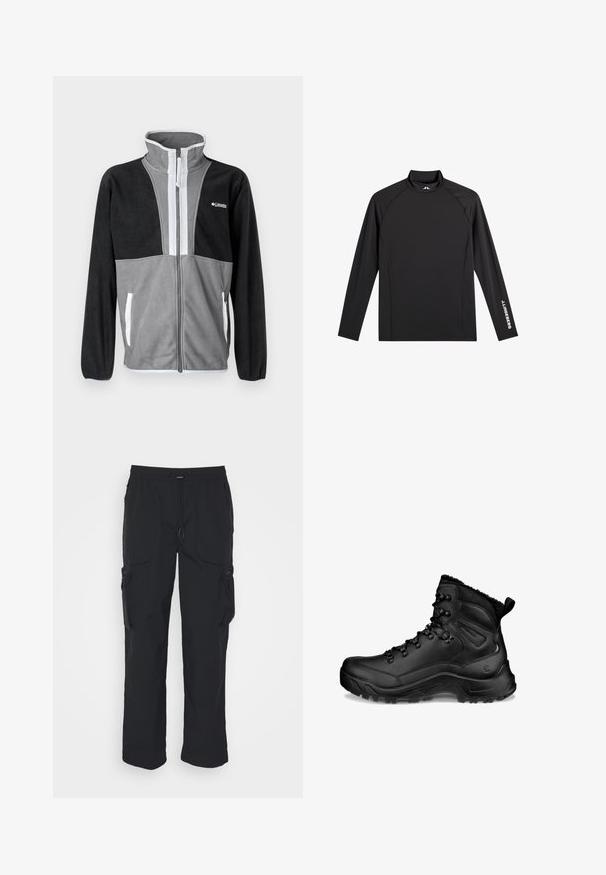 Fleecejacke mit hohem Kragen, grau und schwarzen Farbblöcken, Frontreißverschluss und weißen Akzenten an den Taschen und dem Reißverschluss.; Schwarzes Langarm-Sportoberteil mit Stehkragen, schlanker Passform und weißem "J.Lindeberg"-Logo am linken Ärmel und Kragen.; Schwarze Cargo-Hosen aus gewebtem Stoff. Mit verstellbarem Bund, Seitentaschen und zwei Utility-Taschen mit Reißverschlüssen.; Schwarzer hoher Wanderschuh mit gepolstertem Knöchel, Schnürhaken, robuster Sohle und Zuglasche an der Ferse, entworfen für den Außeneinsatz und kaltes Wetter.