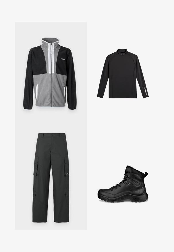 Fleecejacke mit hohem Kragen, grau und schwarzen Farbblöcken, Frontreißverschluss und weißen Akzenten an den Taschen und dem Reißverschluss.; Schwarzes Langarm-Sportoberteil mit Stehkragen, schlanker Passform und weißem "J.Lindeberg"-Logo am linken Ärmel und Kragen.; Schwarze gerade Cargo-Hosen mit seitlichen Klappentaschen, Druckknopfverschluss, Gürtelschlaufen und kleinem weißen Logo auf der Klappentasche rechts.; Schwarzer hoher Wanderschuh mit gepolstertem Knöchel, Schnürhaken, robuster Sohle und Zuglasche an der Ferse, entworfen für den Außeneinsatz und kaltes Wetter.