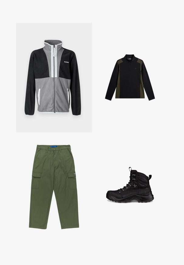 Fleecejacke mit hohem Kragen, grau und schwarzen Farbblöcken, Frontreißverschluss und weißen Akzenten an den Taschen und dem Reißverschluss.; Langärmliger Pullover in Schwarz und Olivgrün mit einem kurzen Frontreißverschluss und kleinem Logo auf der Brust.; Grüne Cargo-Hosen mit geradem Schnitt, mehreren Seitentaschen und einem Reißverschluss. Hergestellt aus strapazierfähigem Baumwollstoff. Mit Markenlabel.; Schwarzer Wanderschuh mit robustem Design, aus Textil- und Gummimaterialien, sechs Ösen und einer strukturierten Sohle für besseren Halt.