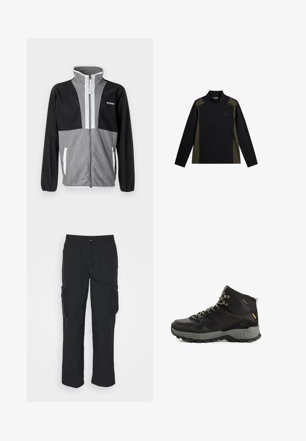 Fleecejacke mit hohem Kragen, grau und schwarzen Farbblöcken, Frontreißverschluss und weißen Akzenten an den Taschen und dem Reißverschluss.; Langärmliger Pullover in Schwarz und Olivgrün mit einem kurzen Frontreißverschluss und kleinem Logo auf der Brust.; Schwarze Cargo-Hosen aus gewebtem Stoff. Mit verstellbarem Bund, Seitentaschen und zwei Utility-Taschen mit Reißverschlüssen.; Schwarzer Wanderschuh mit strukturierten Paneelen, grauer Gummisohle, Mesh-Obermaterial, verstärkten Ösen und gelbem Akzent an der Ferse.