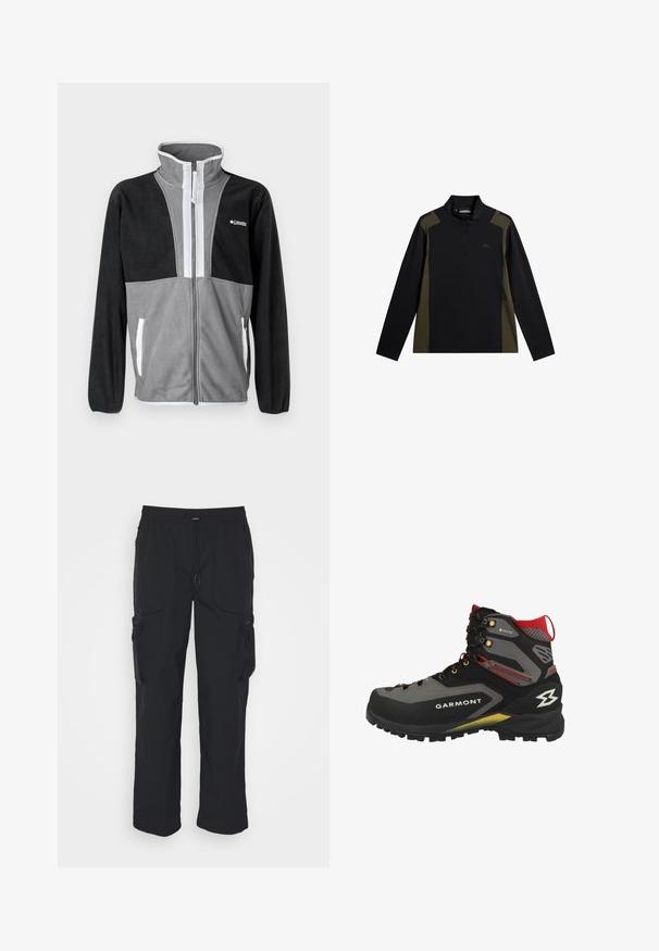 Fleecejacke mit hohem Kragen, grau und schwarzen Farbblöcken, Frontreißverschluss und weißen Akzenten an den Taschen und dem Reißverschluss.; Langärmliger Pullover in Schwarz und Olivgrün mit einem kurzen Frontreißverschluss und kleinem Logo auf der Brust.; Schwarze Cargo-Hosen aus gewebtem Stoff. Mit verstellbarem Bund, Seitentaschen und zwei Utility-Taschen mit Reißverschlüssen.; Schwarzer und grauer Wanderschuh mit roten Akzenten und gelben Details. Verfügt über ein strukturiertes Obermaterial, eine verstärkte Zehenkappe und ein Schnürdesign.