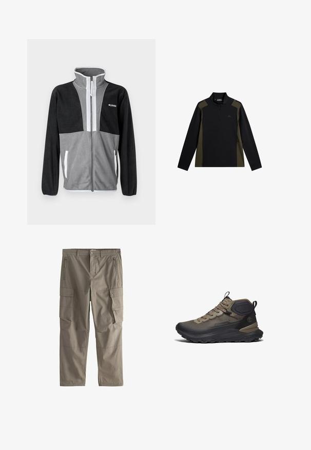 Fleecejacke mit hohem Kragen, grau und schwarzen Farbblöcken, Frontreißverschluss und weißen Akzenten an den Taschen und dem Reißverschluss.; Langärmliger Pullover in Schwarz und Olivgrün mit einem kurzen Frontreißverschluss und kleinem Logo auf der Brust.; Khakifarbene Cargohosen mit Gürtelschlaufen, Reißverschluss-Vordertaschen, Druckknopf-Seitentaschen und geradem Bein.; Mittelhoher brauner und schwarzer Wanderschuh mit profilierter Sohle, gepolstertem Knöchelbereich und Ziehfäden an Zunge und Ferse, dargestellt auf weißem Hintergrund.
