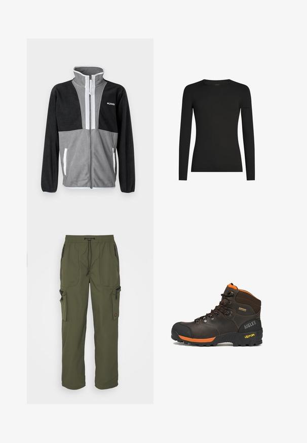 Fleecejacke mit hohem Kragen, grau und schwarzen Farbblöcken, Frontreißverschluss und weißen Akzenten an den Taschen und dem Reißverschluss.; Schwarzes, langärmeliges, figurbetontes T-Shirt mit Rundhalsausschnitt und dezentem Icebreaker-Logo auf dem linken Ärmel, dargestellt vor weißem Hintergrund.; Olivgrüne Cargo-Hosen aus leichtem Material mit elastischem Bund, Kordelzug und mehreren Reißverschlusstaschen.; Brauner Leder-Wanderschuh mit schwarzen und orangefarbenen Akzenten, schwarzen Schnürsenkeln, Vibram-Sohle, Gore-Tex-Label und Aigle 1853 Logo an der Ferse.