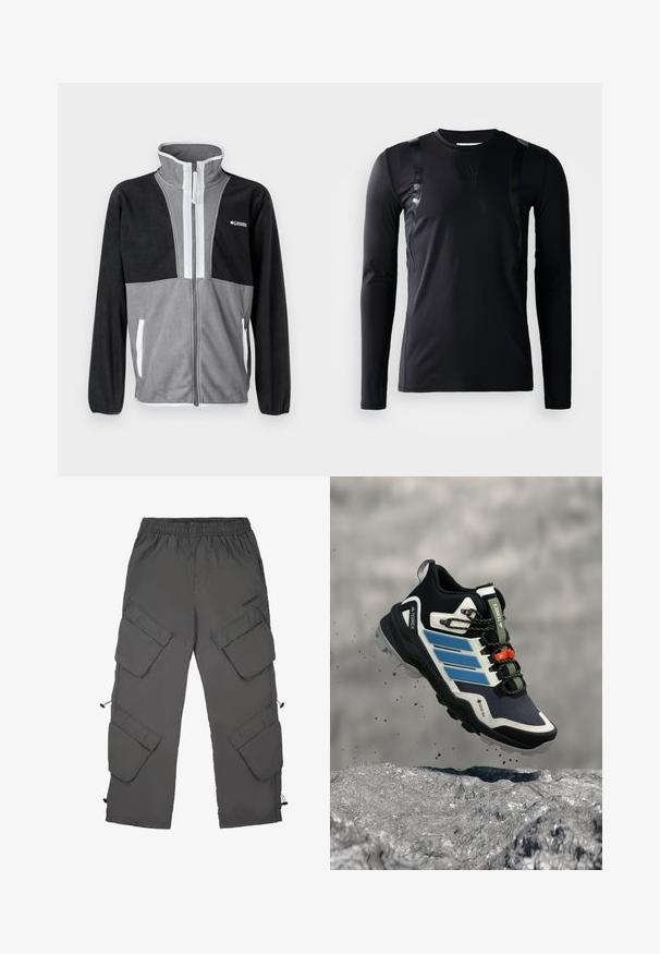 Fleecejacke mit hohem Kragen, grau und schwarzen Farbblöcken, Frontreißverschluss und weißen Akzenten an den Taschen und dem Reißverschluss.; Schwarzes, langärmliges Sportshirt aus glattem, dehnbarem Stoff. Verfügt über glänzende schwarze Akzente an den Schultern und ein Adidas-Logo auf der Brust.; Cargo-Hosen aus dunkelgrauem Stoff mit elastischem Bund, mehreren Cargotaschen, Zugbändern an den Säumen und einer glatten Textur.; Schwarzer und blauer Adidas Terrex Wanderschuh mit robuster Sohle, der über felsigem Gelände mit herumfliegendem Schmutz schwebt.