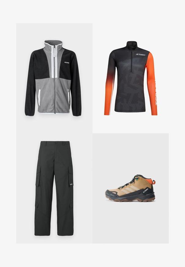 Fleecejacke mit hohem Kragen, grau und schwarzen Farbblöcken, Frontreißverschluss und weißen Akzenten an den Taschen und dem Reißverschluss.; Schwarzes und dunkelgraues, gestreiftes Sportoberteil mit langen Ärmeln, hohem Kragen, Reißverschluss vorne und leuchtend orangenen Ärmeln, mit "TERREX"-Logo auf Brust und Ärmel.; Schwarze gerade Cargo-Hosen mit seitlichen Klappentaschen, Druckknopfverschluss, Gürtelschlaufen und kleinem weißen Logo auf der Klappentasche rechts.; Braune und schwarze Wanderschuhe mit Netzpaneelen, drei weißen Streifen, einer verstärkten Zehenkappe und einer strukturierten Gummisohle für Grip.