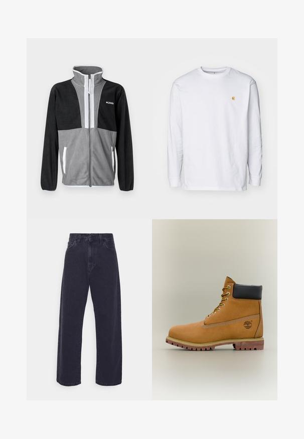 Fleecejacke mit hohem Kragen, grau und schwarzen Farbblöcken, Frontreißverschluss und weißen Akzenten an den Taschen und dem Reißverschluss.; Weißes Langarm-T-Shirt aus Baumwolle. Mit kleinem goldenem Logo auf der Brust und Rundhalsausschnitt. Einfaches Design und normale Passform.; Dunkelblaue Jeans mit weitem Bein, hoher Taille und Fünf-Taschen-Design. Mit einer klassischen Knopf- und Reißverschlussöffnung ausgestattet.; Brauner Leder-Stiefelette mit schwarzem Kragen, gelben Schnürsenkeln und hellbrauner Sohle. Verfügt über ein Logo und weiße Ziernähe. Robuste Profilsohle.