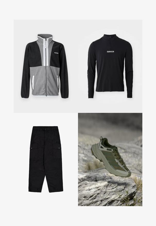 Fleecejakke med høj krave, grå og sorte farveblokke, frontlynlås og hvide detaljer på lommerne og lynlåsen.; Sort langærmet top med høj krave, der har en kvartlynlås og hvid "CALVIN KLEIN" logo på forsiden. Glat, strækbart stof.; Sorte cargo bukser med frontknap og lynlås, sidelommer med klap og knapper samt justerbare snore i benåbningerne.; Terrex trail-løbesko i olivengrøn. Har en åndbar mesh-overdel, forstærket tå og en robust sål for godt greb på klippefyldte overflader.