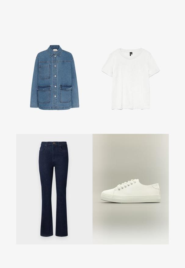 Denimjakke i lyseblå, med knaplukning foran, to store frontlommer og klassisk krave. Syninger er synlige.; Hvid kortærmet t-shirt med rund halsudskæring, lavet af letvægtsstof. Enkel design, glat tekstur og lige kant.; Mørkeblå denim jeans med design i flared ben, fem lommer og knaplukning i taljen. Glat tekstur med minimal syning.; Hvid lavtop sneaker med hvide snørebånd og gummisål vist fra siden på en neutral baggrund.