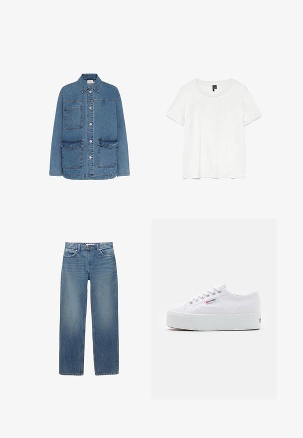 Denimjakke i lyseblå, med knaplukning foran, to store frontlommer og klassisk krave. Syninger er synlige.; Hvid kortærmet t-shirt med rund halsudskæring, lavet af letvægtsstof. Enkel design, glat tekstur og lige kant.; Lysblå denimjeans med lige snit, fem lommer og hardware i kobberfarve. Stoffet har en let falmning og en glat tekstur.; Hvide canvas sneakers med en tyk hvid platformssål, rund tå og metaløjelets til snørebånd. Mærkets logo præsenteret på siden.