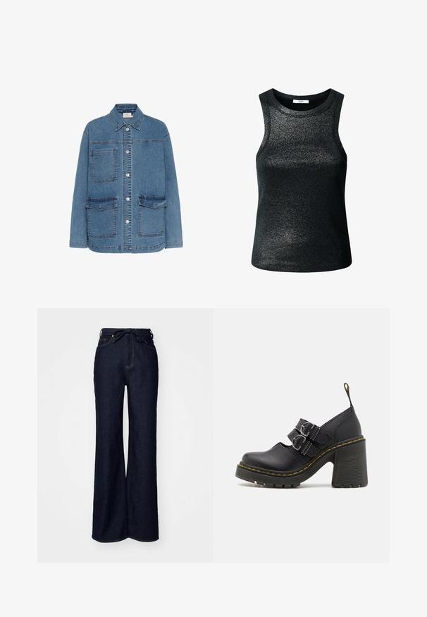 Lichtblauwe denimjack, met een knoopsluiting aan de voorkant, twee grote voorzakken en een klassieke kraag. Stiksels zijn zichtbaar.; Zwarte, mouwloze top gemaakt van een glanzende, gestructureerde stof. Heeft een ronde halslijn en een aansluitende pasvorm, geschikt voor casual dragen of combineren met andere kledingstukken.; Donkerblauwe ruime spijkerbroek van denim, met hoge taille, voorzakken en een striksluiting in de taille.; Zwarte hoge hakken met een gestructureerde zool, voorzien van twee zilveren gespen, gele stiksels en een lus aan de achterkant voor gemakkelijk aan- en uittrekken.