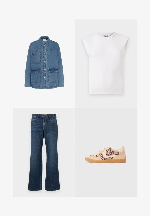 Denimjakke i lyseblå, med knaplukning foran, to store frontlommer og klassisk krave. Syninger er synlige.; Hvid ærmeløs top med rund hals og polstrede skulderdetaljer, lavet af ensfarvet stof, vist på en neutral baggrund.; Mørkeblå jeans med vide ben og klassisk design med fem lommer, der har knaplukning og diskret falming. Fremstillet af denimstof.; Leopardprint sneakers med beige ruskindsoverdel, tan gummisål og hvide detaljer. Rund pegefinger og snørebåndsdesign med en tekstureret finish.