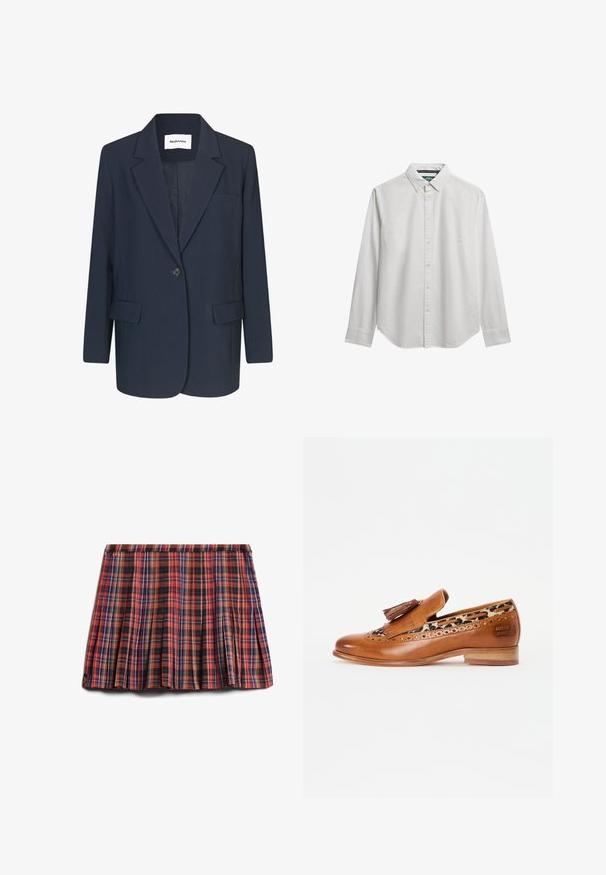 Marineblazer van gladde stof, met een enkele knoopsluiting, notch-lapels, één borstzak en twee voorkzakken.; Witte blouse met lange mouwen, knoopsluiting en een button-down kraag, weergegeven op een witte achtergrond.; Rode geblokte plissé rok met zwarte, blauwe en gele accenten. Heeft een tailleband en een gestructureerde stof voor visueel belang.; Tan leren instappers met decoratieve kwastjes en brogue-details. Heeft een voering van luipaardprint en een lage houten hak.