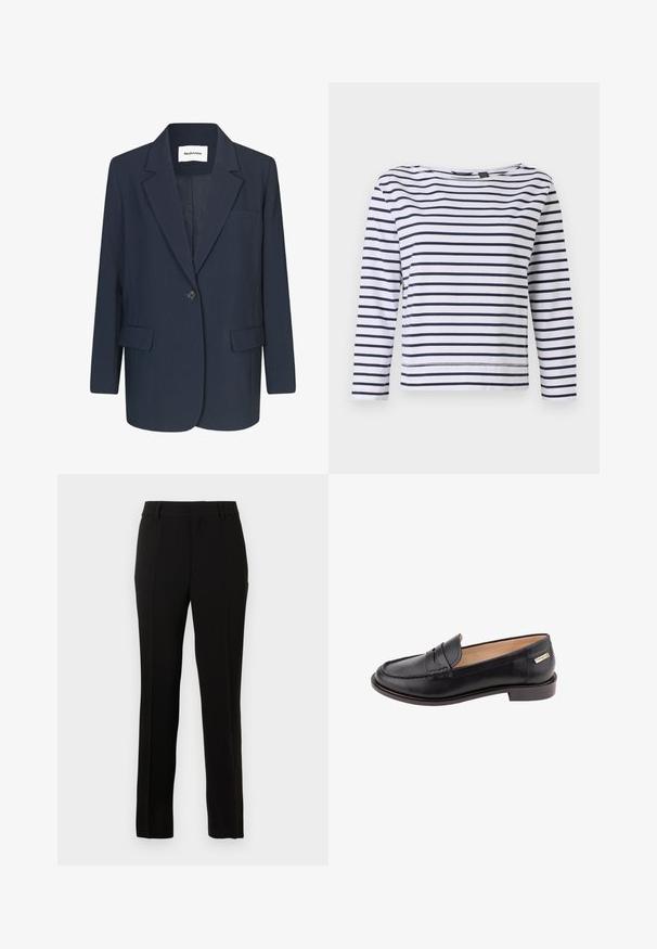 Blazer bleu marine en tissu lisse, doté d'une fermeture à un bouton, de revers crantés, d'une poche poitrine et de deux poches avant.; Haut à manches longues rayé en blanc et bleu marine, avec un col bateau et une coupe décontractée. Fabriqué en coton doux avec des ourlets cousus.; Pantalons noirs ajustés en tissu lisse, présentant une coupe droite, des plis creux, des passants de ceinture et une fermeture éclair.; Mocassins en cuir noir avec un design cousu sur le bout, talon plat et accents en logo doré sur le côté. Texture lisse et détails minimaux.