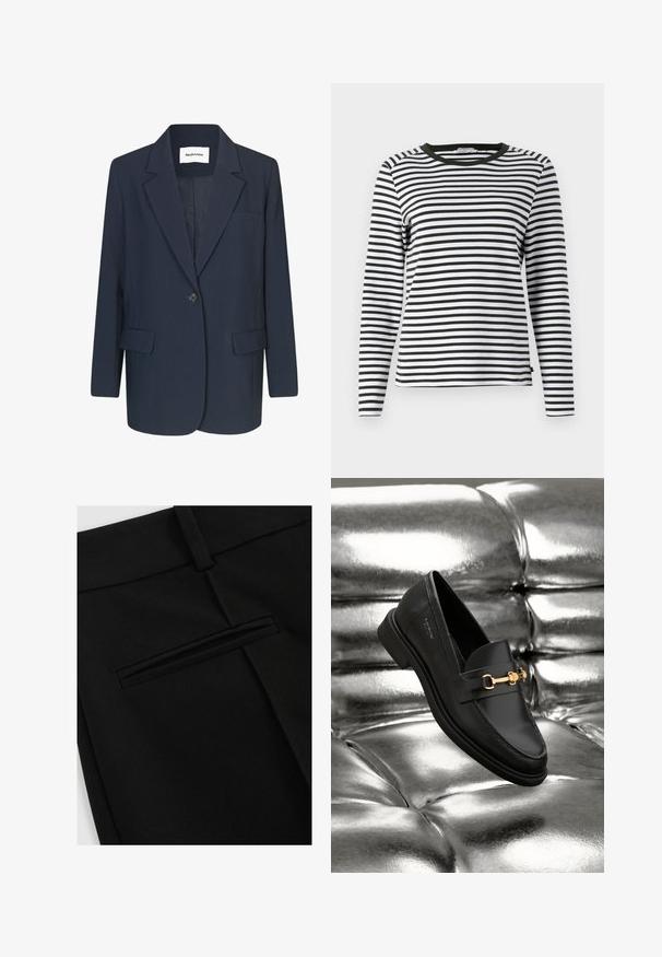 Marine blazer lavet af glat stof, med en enkelt knap-lukning, spidse revers, en brystlomme og to frontlommer.; Langærmet skjorte i sort og hvid stribet design med en rund, grøn halsudskæring. Blødt stof med normal pasform og lige søm.; Sorte bukser lavet af glat stof, med et fladt design foran og en enkelt baglomme med en slidsåbning.; Sorte læder loafers med en guldfarvet hardware detalje. Skoen har et elegant design og en glat, skinnende overflade.