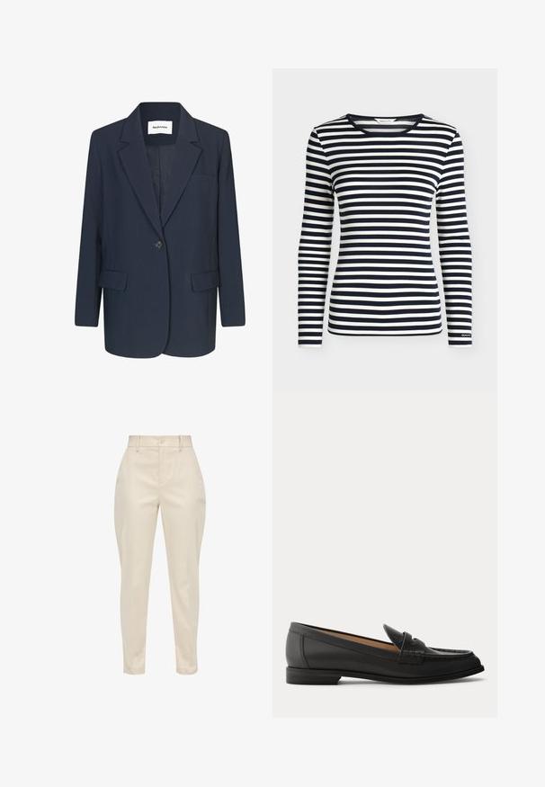 Marineblazer van gladde stof, met een enkele knoopsluiting, notch-lapels, één borstzak en twee voorkzakken.; Oversized shirt met lange mouwen met marineblauwe en witte horizontale strepen en een ronde hals, met het merk GANT op de mouwboord.; s.Oliver MIT TAPERED LEG - Chino - beige; Zwarte leren damesslof met lage hak, afgeronde neus en gestikte details op het bovenwerk, van opzij getoond tegen een effen achtergrond.