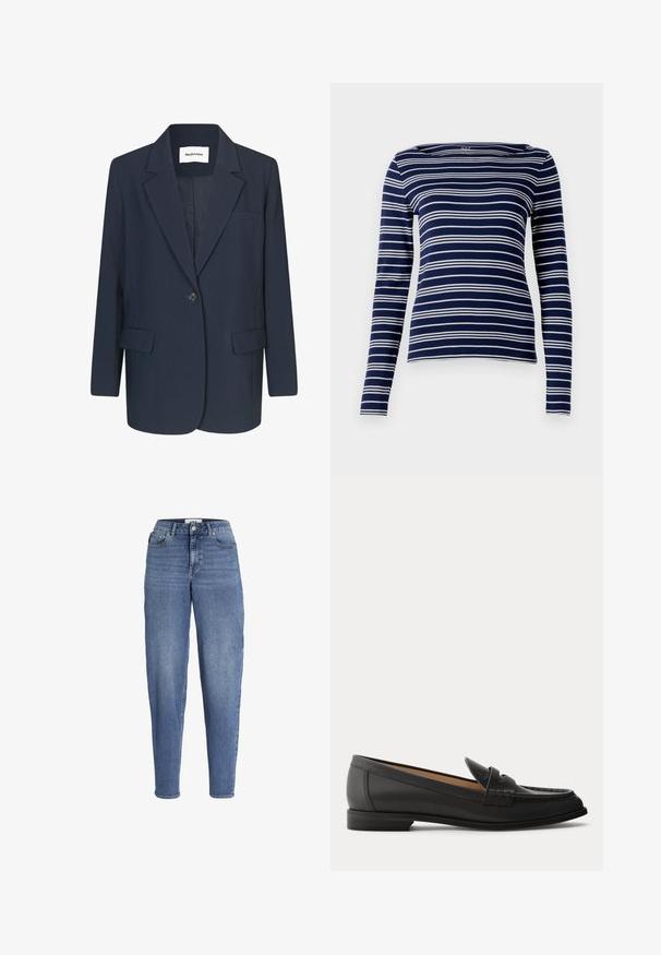 Marineblazer van gladde stof, met een enkele knoopsluiting, notch-lapels, één borstzak en twee voorkzakken.; Navy lange mouw top met witte horizontale strepen, bootkraag en zachte, rekbare stof. Eenvoudig, getailleerd design, minimale details.; Blauwe hoge taille spijkerbroek met taps toelopende pijpen, voor- en achterzakken, knoopsluiting en riemlussen, weergegeven op een witte achtergrond.; Zwarte leren damesslof met lage hak, afgeronde neus en gestikte details op het bovenwerk, van opzij getoond tegen een effen achtergrond.