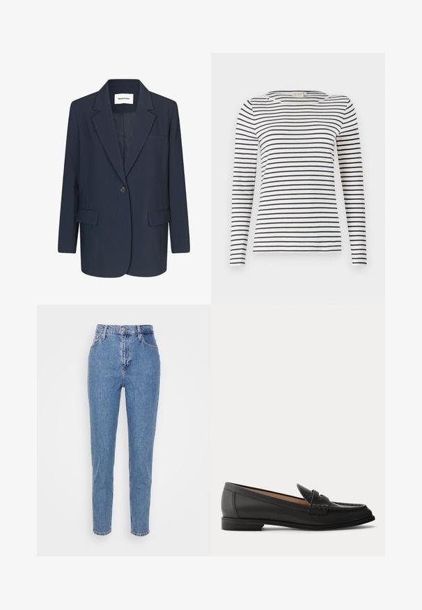 Marineblazer van gladde stof, met een enkele knoopsluiting, notch-lapels, één borstzak en twee voorkzakken.; Langsleeve gestreepte shirt gemaakt van zachte stof, met navy en witte horizontale strepen, ronde halslijn en een slim-fit ontwerp.; Blauwe high-waisted straight-leg jeans met een knoop en rits aan de voorkant, riemlussen en zakken, weergegeven op een effen witte achtergrond.; Zwarte leren damesslof met lage hak, afgeronde neus en gestikte details op het bovenwerk, van opzij getoond tegen een effen achtergrond.
