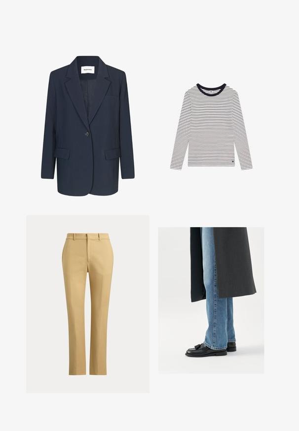 Marineblazer van gladde stof, met een enkele knoopsluiting, notch-lapels, één borstzak en twee voorkzakken.; Wit shirt met lange mouwen en marineblauwe horizontale strepen. Heeft een ronde halslijn en een klein logo aan de onderkant links. Zachte stof.; Beige rechte broek met riemlussen, een rits aan de voorkant en op maat gemaakte plooien op een effen lichte achtergrond.; Zwarte leren instappers met kwastjes, gedragen met lichtblauwe rechtlopende jeans, aangevuld met een donkergrijze jas. Schone lijnen en textiel met structuur.