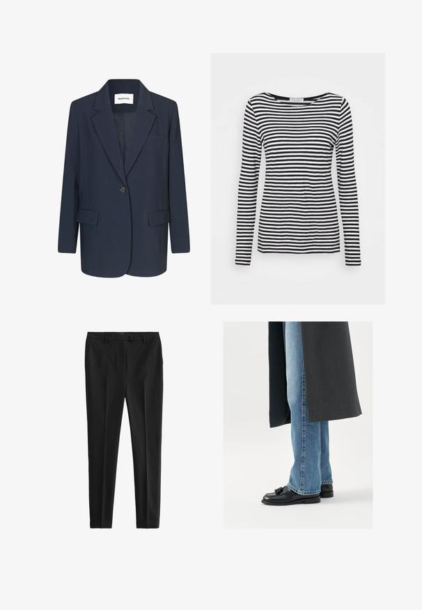 Marine blazer lavet af glat stof, med en enkelt knap-lukning, spidse revers, en brystlomme og to frontlommer.; Langærmet T-shirt med rund hals, prydet med et sort-hvidt stribet mønster. Fremstillet af blødt stof med regular fit. Renset, minimalistisk design.; Sorte skræddersyede bukser lavet af glat stof. Har flad front, sidelommer og en slim fit design. Rent, minimalistisk stil.; Sorte læderloafer med kvaster, båret med lyseblå lige ben jeans, suppleres af en mørkegrå frakke. Rene linjer og struktureret stof.
