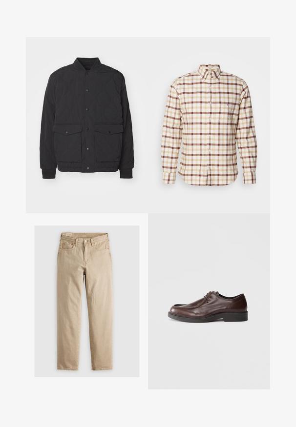 Veste matelassée noire avec col montant, fermeture à pression sur le devant et deux grandes poches à rabat. Dispose de poignets côtelés et d'un tissu texturé.; Chemise à manches longues à boutons, présentant un motif à carreaux beige, marron et crème, avec un col classique et une poche avant.; Jean en denim beige avec une coupe droite, doté de cinq poches, d'une fermeture à bouton à l'avant et de détails de couture subtils. Texture lisse, design décontracté.; Chaussure habillée en cuir marron avec un bout arrondi, des accents de couture minimum, et une semelle noire robuste. Présente un système de laçage et une texture lisse.