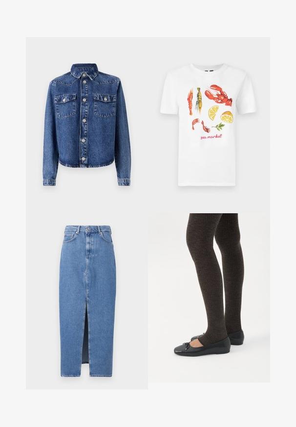 Denimjakke i mørkeblå, med spidse kraver, to brystlommer, sølvknaplukninger og lange ærmer med knapmanchetter.; Hvid bomulds T-shirt med et trykt design af røde hummer, rejer og citron skiver, samt teksten "sea market" i rød.; Lyseblå denim midi-nederdel med en frontslids, klassisk fem-lomme design og lukning med topknap. Stoffet har en let struktur.; Ben iført mørke ribbede leggings kombineret med sorte balletsko med små sløjfedetaljer på hvid baggrund.