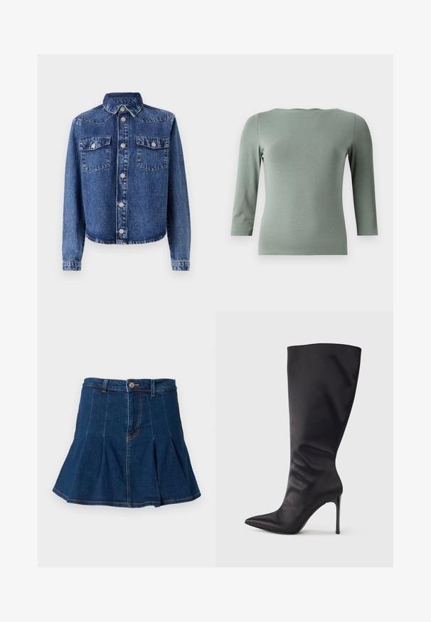 Dunkelblaue Denimjacke mit spitzem Kragen, zwei Brusttaschen, silbernen Knopfverschlüssen und langen Ärmeln mit geknöpften Manschetten.; Mintgrünes, figurbetontes Langarmshirt mit weitem Halsausschnitt und Dreiviertelärmeln. Hergestellt aus einem glatten, elastischen Stoff mit minimalen Nähten.; Jeansrock in Dunkelblau, mit einem plissierten Design, fünf Taschen, einem vorderen Knopfverschluss und kontrastierenden Nähten.; Schwarzer kniehoher Stiletto-Stiefel aus glattem, elegantem Material; spitze Zehe; enganliegend mit subtilen Falten nahe dem Knöchel; glänzender Absatz.