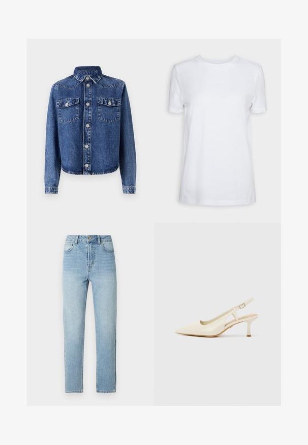 Denimjakke i mørkeblå, med spidse kraver, to brystlommer, sølvknaplukninger og lange ærmer med knapmanchetter.; Simpel hvid T-shirt med korte ærmer og rund hals, normal pasform og et lille indvendigt mærke på nakken med teksten "SELECTED FEMME."; Lyseblå denimjeans med lige ben, fem-lomme-design, metalknaplukning og diskrete slidningsdetaljer foran.; Beige slingback hæle lavet af glat læder. Med spids tå, udskæringsdesign og en lav cylindrisk hæl for stabilitet.