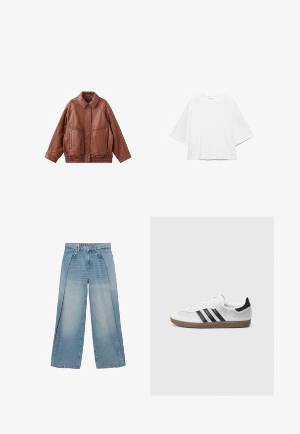 Veste en cuir marron avec col à pointe, deux poches avant et ceinture élastique. Présente une texture lisse et une coupe décontractée.; T-shirt blanc à manches courtes, coupe carrée, en coton doux. Présente un col rond et des manches larges, avec un design épuré et simple.; Jean large bleu clair à taille haute, avec bouton à l'avant, fermeture éclair et délavage subtil sur les cuisses et les genoux.; Baskets en mesh blanc avec des rayures noires, un embout en daim beige et un accent sur le talon, semelle en caoutchouc texturée, et lacets blancs. Design classique à tige basse.