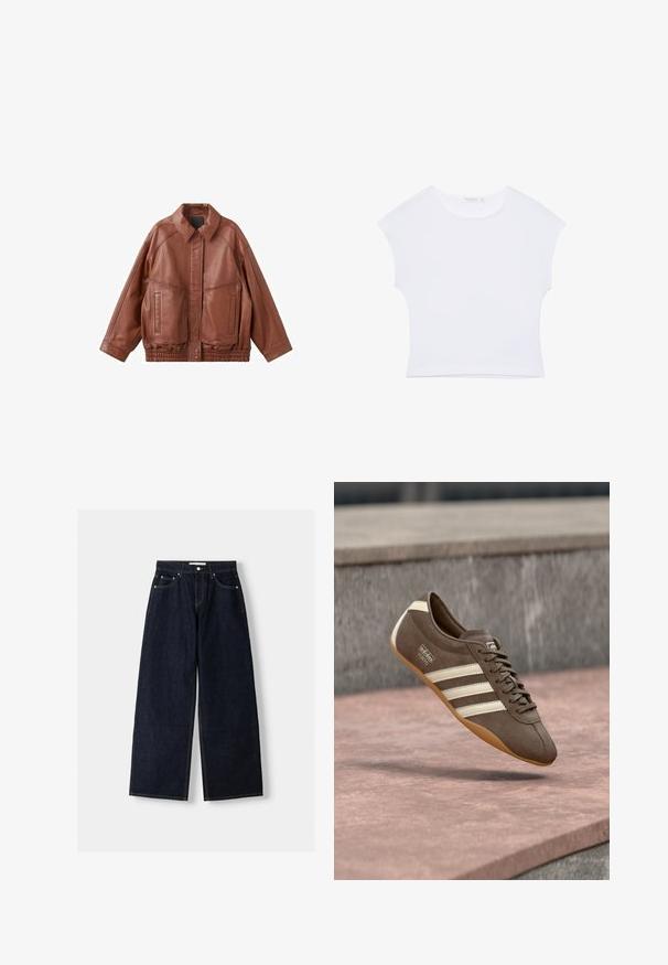 Veste en cuir marron avec col à pointe, deux poches avant et ceinture élastique. Présente une texture lisse et une coupe décontractée.; T-shirt court blanc à manches courtes avec col rond, en tissu lisse, posé à plat sur un fond blanc.; Jean large en denim bleu foncé à taille haute, avec cinq poches, des coutures contrastées et des éléments en métal argenté. Texture lisse et finition soignée.; Baskets en daim marron avec des rayures blanches et un logo, dotées d'un bout rond et d'une semelle en caoutchouc gomme, suspendues au-dessus d'une surface texturée.
