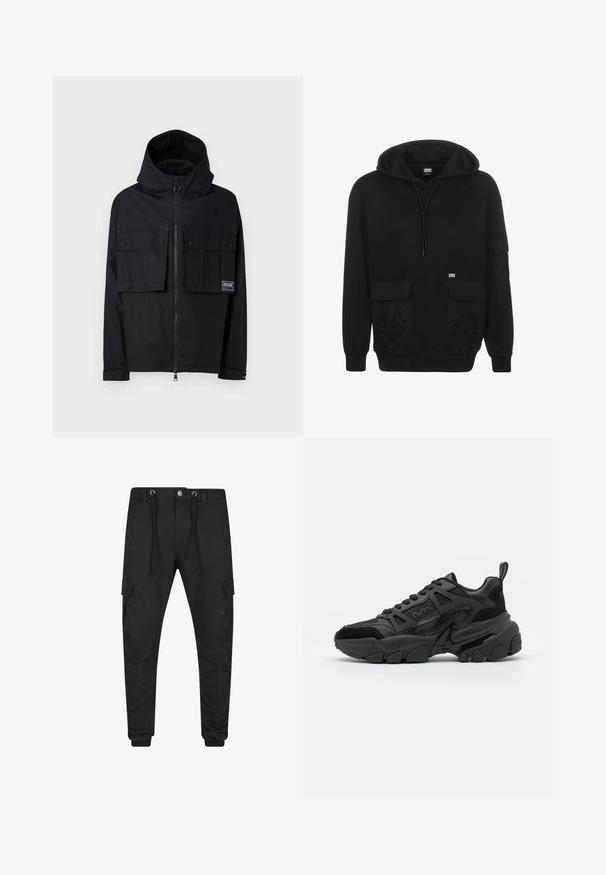 Veste imperméable noire avec capuche, fermeture éclair à l'avant, deux grandes poches poitrine et logo. Elle possède une coupe décontractée et des poignets réglables.; Sweat à capuche noir avec cordons de serrage à l'avant, deux poches avant à rabat, une poche sur la manche et poignets et ourlet côtelés.; Pantalon cargo jogger noir avec taille à cordon, fermeture par bouton, poches latérales à rabat et poignets élastiques.; Baskets noires présentant un mélange de matériaux lisses et texturés, une semelle épaisse, un design à lacets et des accents latéraux distincts.