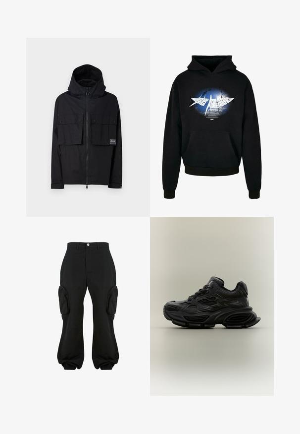 Zwarte waterdichte jas met een capuchon, ritssluiting aan de voorkant, twee grote borstzakken en een logo-embleem. Heeft een relaxed fit en verstelbare manchetten.; Zwarte hoodie met een centraal wit grafisch ontwerp met een blauw en grijs burst-ontwerp en de tekst "Higher than Heaven" in gestileerde lettertype. Voorzak.; Zwarte cargobroek met een relaxte pasvorm, voorzien van twee zijvakjes, elastische boorden bij de enkels en een knoopsluiting in de taille.; Zwarte chunky sneaker met textuurontwerp, dikke zool en vetersluiting, weergegeven tegen een eenvoudige neutrale achtergrond.
