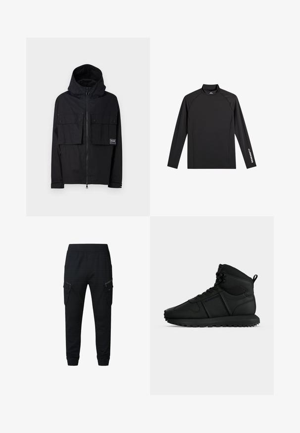 Veste imperméable noire avec capuche, fermeture éclair à l'avant, deux grandes poches poitrine et logo. Elle possède une coupe décontractée et des poignets réglables.; Haut de sport noir à manches longues avec col montant, coupe ajustée, et logo blanc "J.Lindeberg" sur la manche gauche et le col.; Pantalon cargo noir à coupe décontractée, confectionné dans un tissu léger. Il comporte plusieurs poches zippées et des poignets élastiques aux chevilles.; Baskets montantes noires avec semelle épaisse, lacets à l'avant et languette au talon, vues de côté sur fond blanc uni.