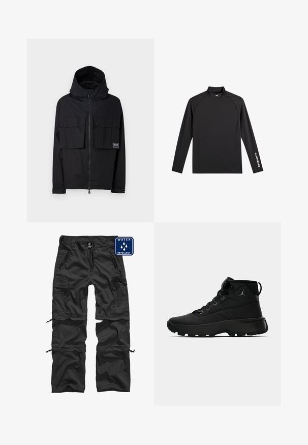 Zwarte waterdichte jas met een capuchon, ritssluiting aan de voorkant, twee grote borstzakken en een logo-embleem. Heeft een relaxed fit en verstelbare manchetten.; Zwart sporttopje met lange mouwen, opstaande kraag, slim fit en witte "J.Lindeberg"-logo op linkerarm en kraag.; Zwarte waterafstotende cargo pants met ritszakken, verstelbare boorden en een duurzaam materiaal. Kenmerkt zich door een logo op de tailleband.; Zwarte hoge sport sneakers met een gestructureerde synthetische bovenkant, voorzien van metalen oogjes, zwarte veters en een rubberen zool met patroon voor grip.
