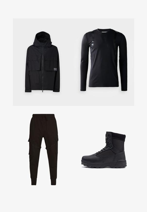 Must matte must jacket, kapuutsiga, lukuga ees, kahe suure rinna-taskuga ja logotäpiga. Omab mugavat lõiget ja reguleeritavaid mansette.; Must have pikkade varrukatega spordipoliis, mis on valmistatud siledast ja venivast kangast. Omab läikivaid musti aktsente õlgadel ja Adidas logo rinnal.; Mustad mustaarad püksid, millel on kinni seotud vöökoht, küljetaskud ja tekstuuriga aktsendid kargo-taskutel ning rihmadel. Jalgealuseid kitsendavad varrukad.; Musthave musta taktikaline saabas sileda nahk- ja kangapaneelidega, kõrge pahkluu disain, nööridega ees ja kõva kummitald.