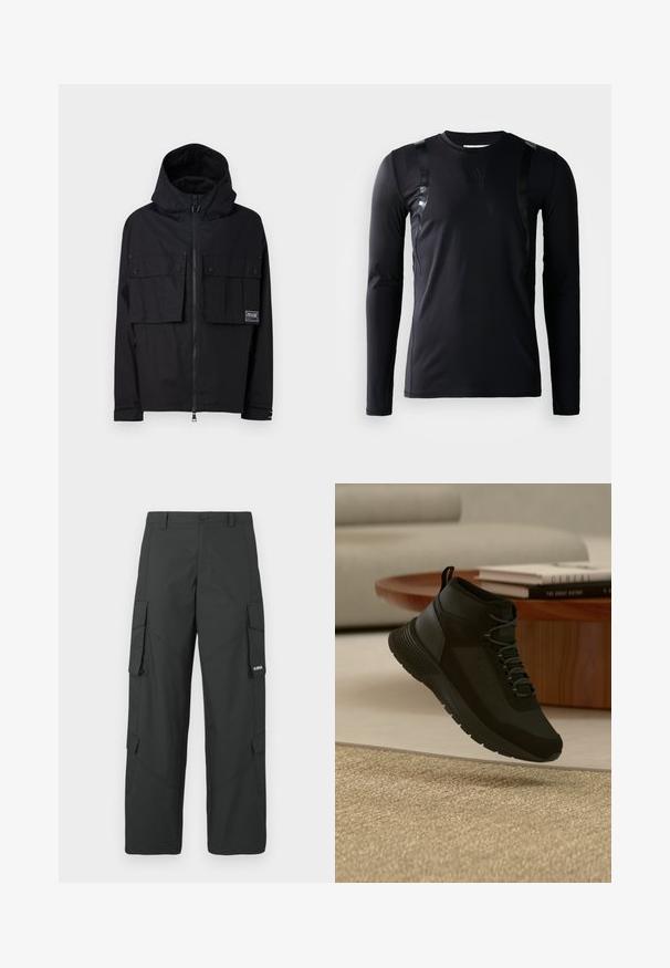 Veste imperméable noire avec capuche, fermeture éclair à l'avant, deux grandes poches poitrine et logo. Elle possède une coupe décontractée et des poignets réglables.; T-shirt de sport à manches longues noir en tissu lisse et extensible. Présente des accents noirs brillants sur les épaules et un logo Adidas sur la poitrine.; Pantalons cargo noirs à jambes droites avec poches latérales à rabat, fermeture à bouton, passants de ceinture et petit logo blanc sur le rabat de la poche droite.; Baskets montantes noires à lacets flottant au-dessus d'un tapis beige, table ronde en bois avec des livres empilés dans un salon moderne et clair.
