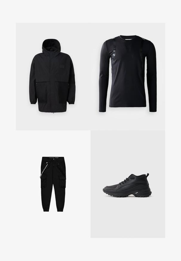 Musthave musta kapuutsiga jakk, mis on valmistatud kergest kangast, koos võrgupaneelide, ees oleva tõmbluku ja elastsete mansettidega kohandatava sobivuse jaoks.; Must have pikkade varrukatega spordipoliis, mis on valmistatud siledast ja venivast kangast. Omab läikivaid musti aktsente õlgadel ja Adidas logo rinnal.; Mustad musta värvi cargo püksid, mis on valmistatud kergest kangast. Neil on kaks külgtaskut, elastne vöökoht ja reguleeritavad pahkluu pitsid.; Mustad spordijalatsid, mis on valmistatud sünteetilisest materjalist. Omavad pehmet kraega, ümmargust ninaosa, tugevat tallapinda haardega ning brändilogo detaile.
