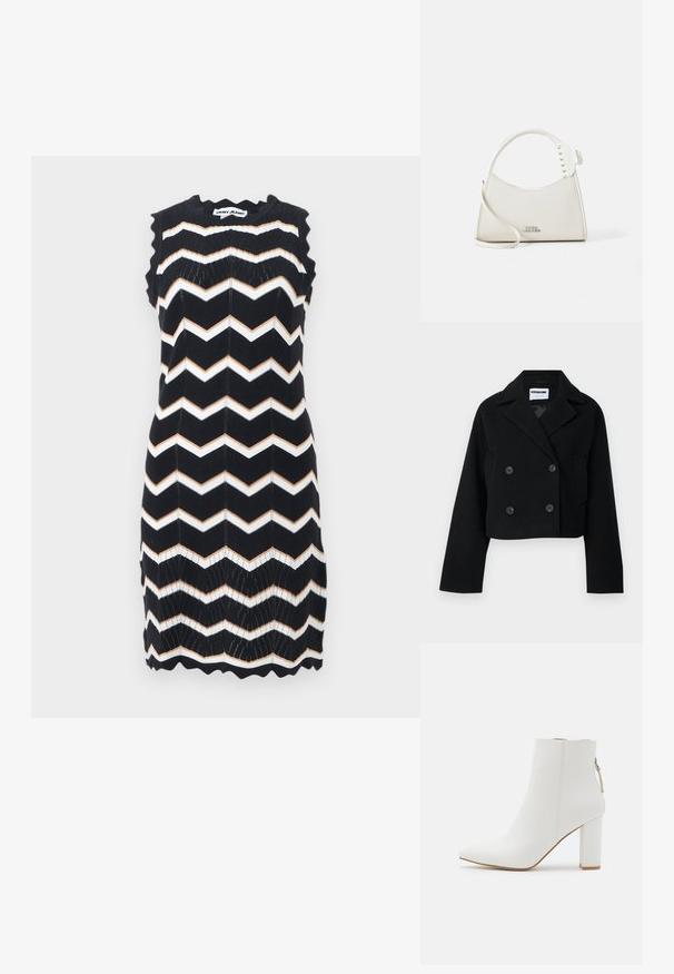 Chaqueta negra corta de doble botonadura con cuello muesca, mangas amplias, dos bolsillos frontales y seis botones a juego. Textura suave.; Vestido sin mangas de punto negro con rayas en zigzag blancas y beige, bordes ondulados y etiqueta DKNY Jeans en el cuello.; RAID NETHRA - Botines - white; Bolso de cuero blanco con forma curva, decorado con pequeñas tachuelas blancas a lo largo de la asa. Presenta una correa larga y un logo en relieve en la parte frontal.