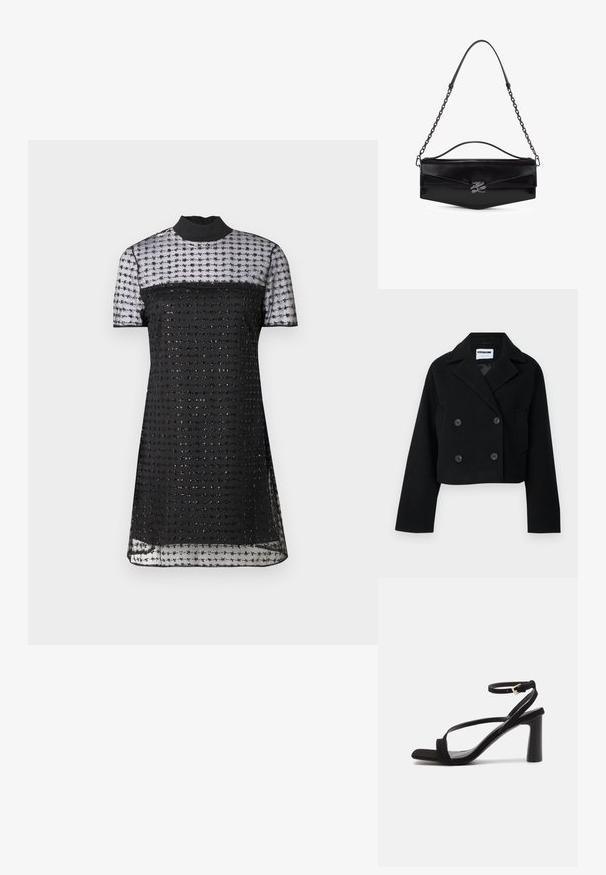 Must muströöpidega lühikese varrukaga jope, millel on nurgeline krae, laiad varrukad, kaks esist pocketit ja kuus sobivat nööpi. Sile tekstuur.; Must kleit lühikeste varrukatega, millel on läbipaistev ülaosa ruudulise mustriga ja tekstureeritud kangas. Kõrge kaelusega disain, millel on sile viimistlus.; Mustad musta suede viigiga sandaal, millel on nelinurkne varvas, õhukesed rihmad ja pahkluu pandla. Kõrge konts on silindriline ja kindel.; Mustast nahast käsikott nurkse klapiga, hõbedane "K" logo-klamber, ülemine käepide ja eemaldatav kettidega õlarihm.