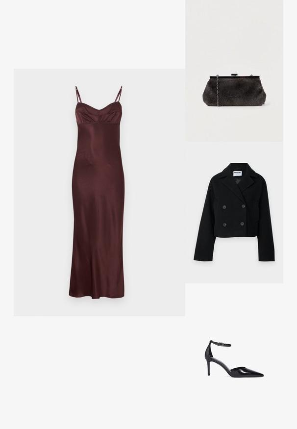 Sort cropped dobbeltknapsjakke med skrå krave, vide ærmer, to forlommer og seks matchende knapper. Glat tekstur.; Ærmeløs, gulvlængde kjole i bordeaux satin med tynde justerbare stropper og en tætsiddende kavalergang med subtile sømdetaljer.; Sorte læder højhælede pumps med spidse tå, ankelrem og en slank, shiny finish; åbne sider og stiletto hæl.; Sort mesh clutch-taske med en struktureret silhuet, prydet med små metalstuds, har en låsemekanisme og en aftagelig kæderekke.