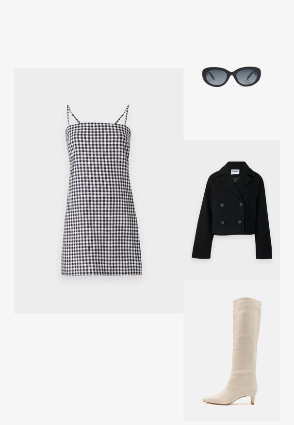 Chaqueta negra corta de doble botonadura con cuello muesca, mangas amplias, dos bolsillos frontales y seis botones a juego. Textura suave.; Vestido de cuadros en blanco y negro con finas tirantes tipo espagueti, silueta recta y un corsé ajustado. Material de algodón con una textura suave.; RAID LAYLA - Botas - off white; Gafas de sol negras con una montura de plástico suave, lentes ovalados que van de gris oscuro a gris claro, y bordes redondeados.