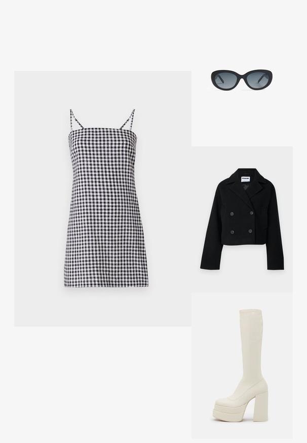 Chaqueta negra corta de doble botonadura con cuello muesca, mangas amplias, dos bolsillos frontales y seis botones a juego. Textura suave.; Vestido de cuadros en blanco y negro con finas tirantes tipo espagueti, silueta recta y un corsé ajustado. Material de algodón con una textura suave.; Steve Madden CYPRESS - Botas con plataforma - off white; Gafas de sol negras con una montura de plástico suave, lentes ovalados que van de gris oscuro a gris claro, y bordes redondeados.