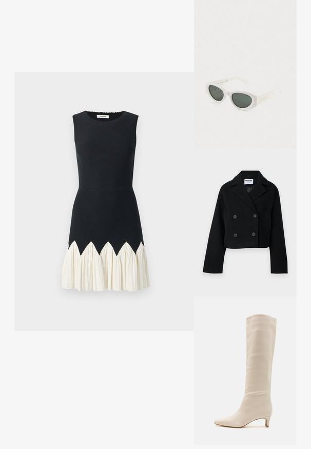 Sort cropped dobbeltknapsjakke med skrå krave, vide ærmer, to forlommer og seks matchende knapper. Glat tekstur.; Ermeløs kjole med en tætsiddende sort bodice, cremefarvet flæseafslutning med et zigzag-mønster. Glat tekstur, rund halsudskæring, længde til midt på låret.; RAID LAYLA - Høje støvler/ Støvler - off white; Hvide katteøje-solbriller med mørke polariserede linser og en ramme af genanvendt polycarbonat på en ensfarvet hvid baggrund.
