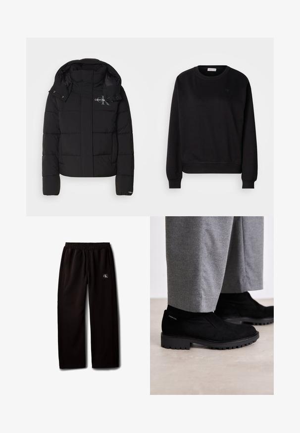 Zwarte pufferjas met een capuchon, geborduurd ontwerp en Calvin Klein-logo op de borst. Beschikt over een rits aan de voorkant en drukknopaccenten.; Zwarte sweatshirt gemaakt van zacht materiaal, met een ronde hals, ribgebreide manchetten en een klein CK-logo op de borst. Eenvoudig, minimalistisch ontwerp.; Zwarte wijde broek met elastische tailleband en zijzakken, met een klein Calvin Klein logo-patch op de rechterdij.; Zwarte suède enkellaarsjes met een rubberen zool, voorzien van een elastische zijpaneel en een logo-accent op de hak. Gecombineerd met grijze broeken.