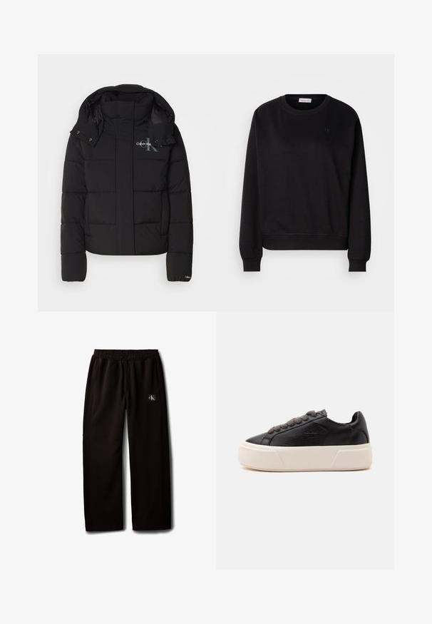 Sort pufferjakke med hætte, kviltet design og Calvin Klein-logo på brystet. Har en frontlynlås og trykknapdetaljer.; Sort sweatshirt lavet af blødt materiale, med rund hals, ribbede manchetter og et lille CK-logo på brystet. Simpelt, minimalistisk design.; Sorte vidde bukser med elastisk taljebånd og sidelommer, med en lille Calvin Klein-logo patch på højre lår.; Sort læder lavtop sneaker med tyk hvid platformsål og mørkegrå snørebånd, sidevisning på ensfarvet lys baggrund.